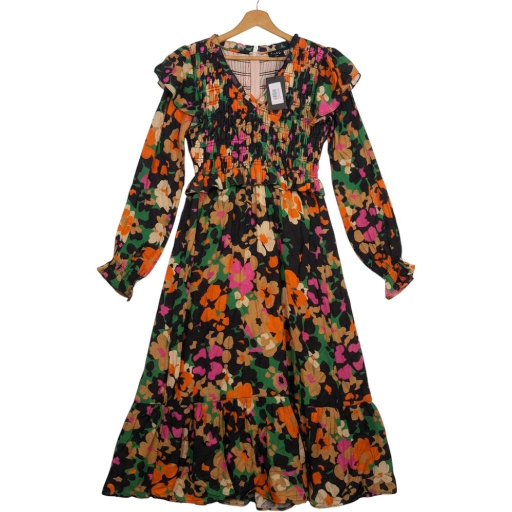 Fate Shaylee Dress Medium NWT Floral Smocked Ruffle Tiered Midi Long Sleeve